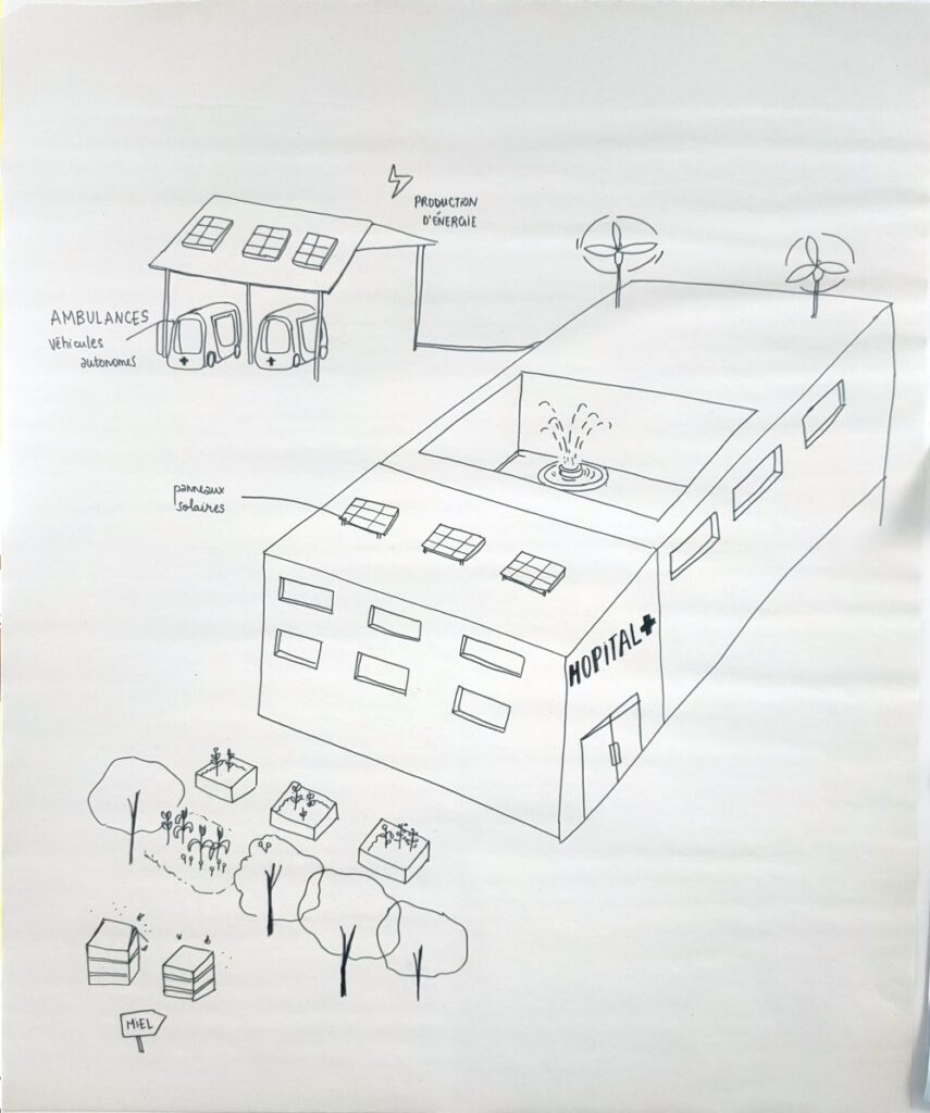 Dessin en vue isométrique de l'hôpital. Seul le dernier étage dépasse du niveau du sol, la plus grande partie du bâtiment est enterrée pour des raisons thermiques.